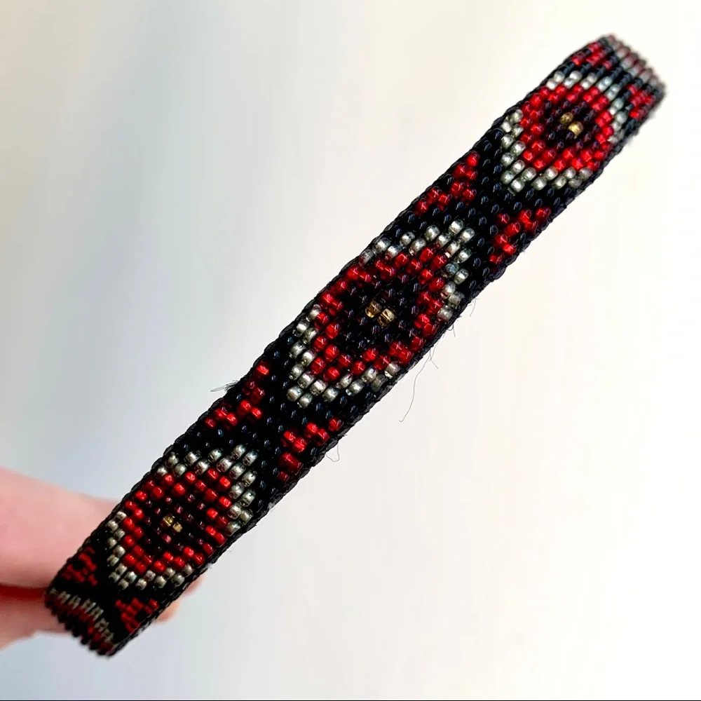 Red Black Silver-Beaded Headband Diamond Pattern Southwestern Aztec Festival Y2K
